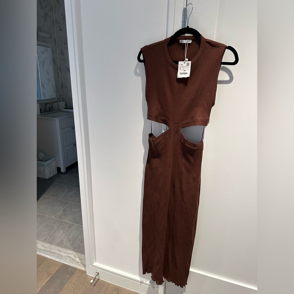 Zara large cut out brown midi dress NEW!